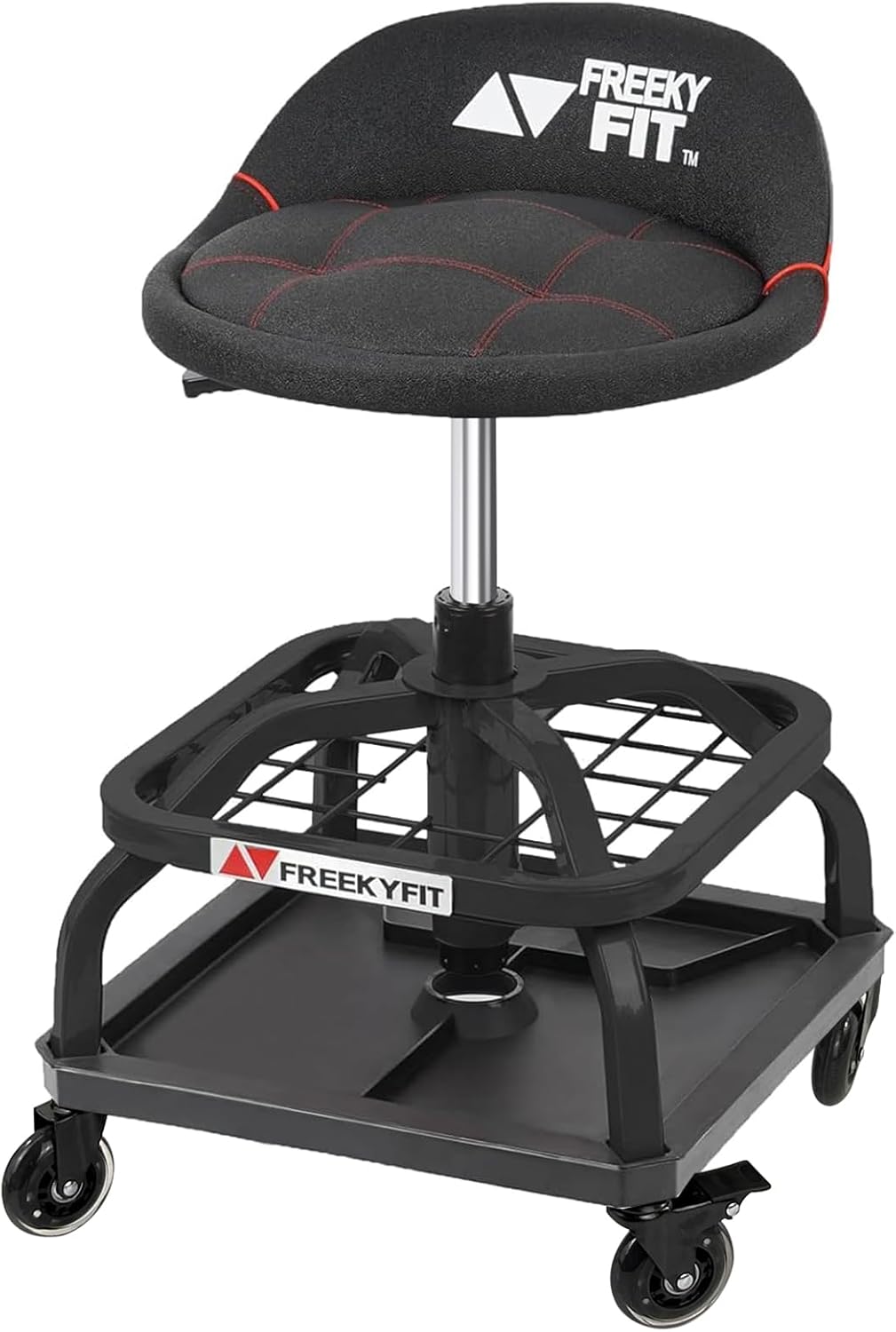 FreekyFit garage rolling stool with tool trays in a workshop