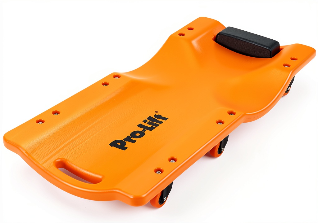 Pro-LifT plastic creeper being used under a car in a garage