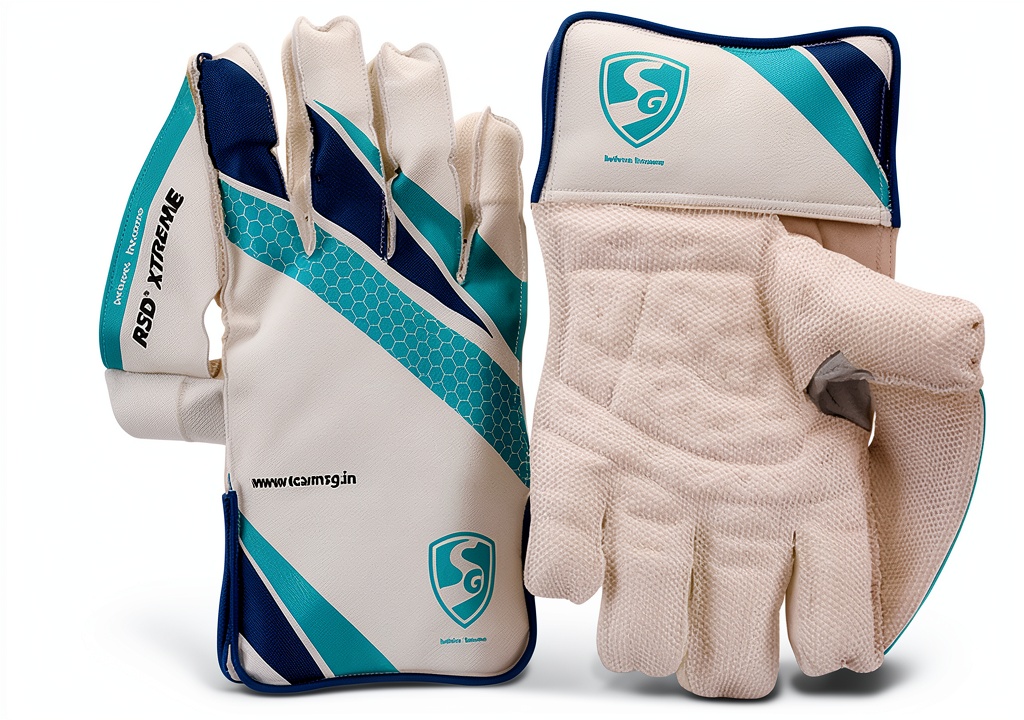 SG RSD Extreme cricket wicket keeping gloves on a wooden cricket bench