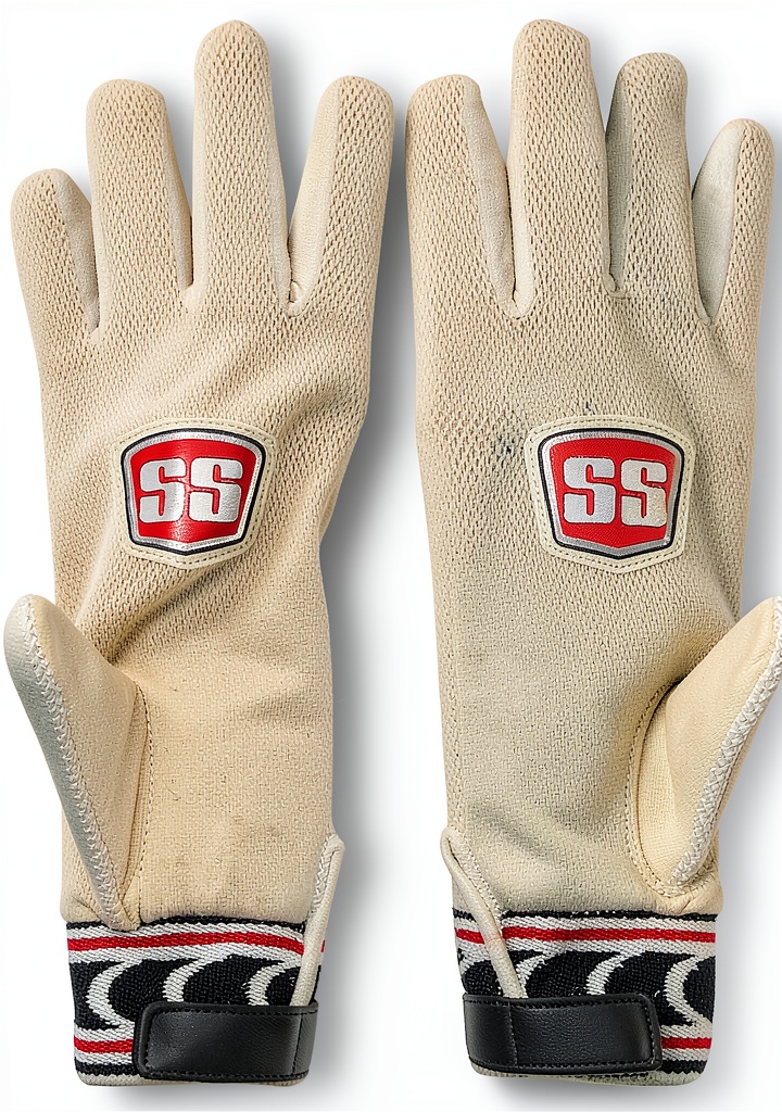 Adult cricketer wearing SS wicket keeping glove on the field