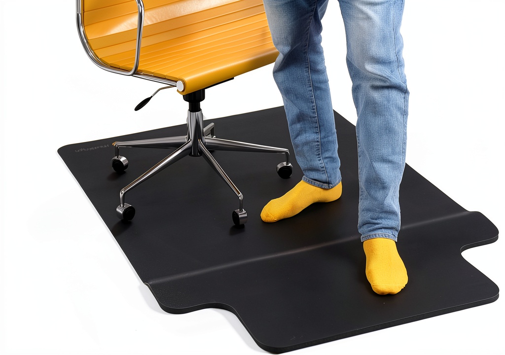 Installing Mushyn 2-in-1 Office Chair Mat on a hardwood floor with a standing desk